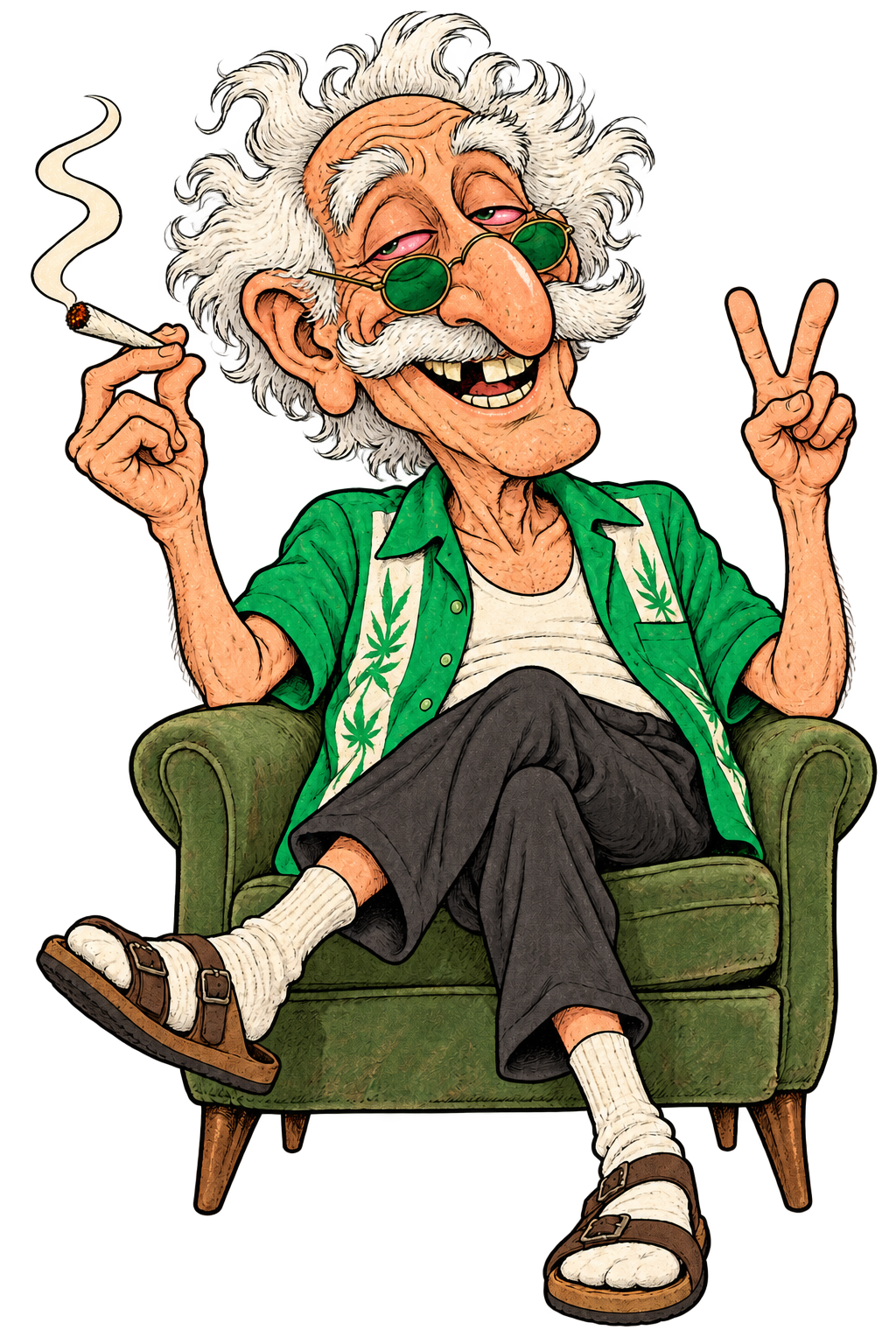 Caricatura di un nonno fattone sorridente, con capelli bianchi spettinati, occhialini verdi, una canna e il segno della pace, comodamente seduto in poltrona.